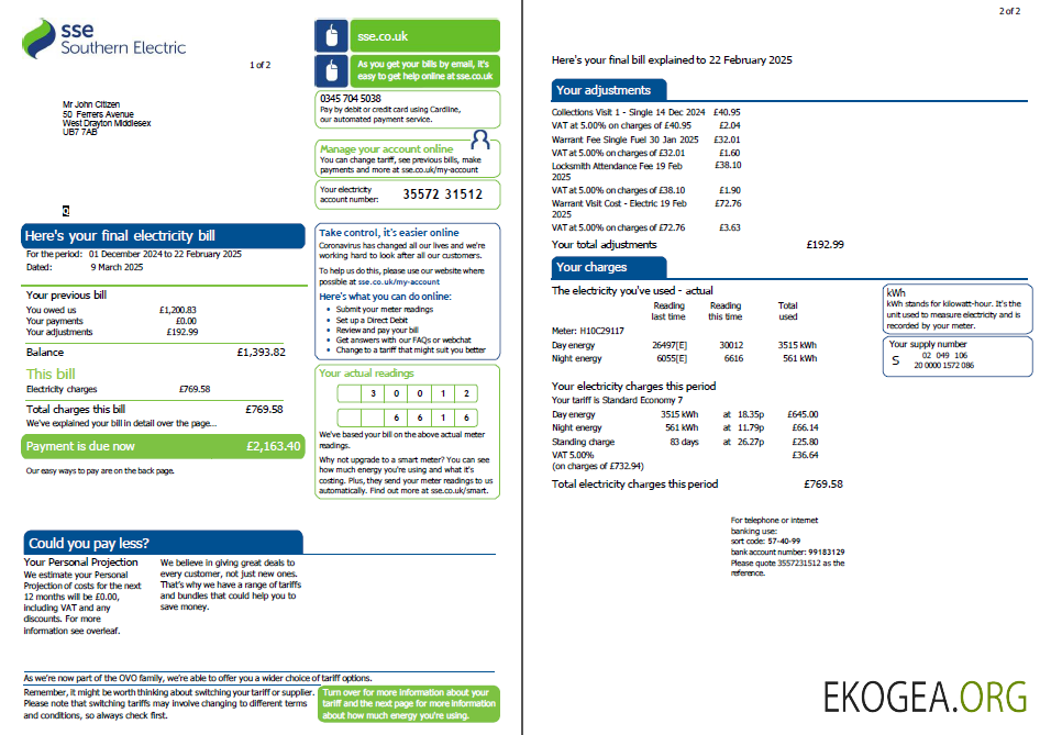 Scotland SSE utility bill template in Word and PDF formats, 2 pages